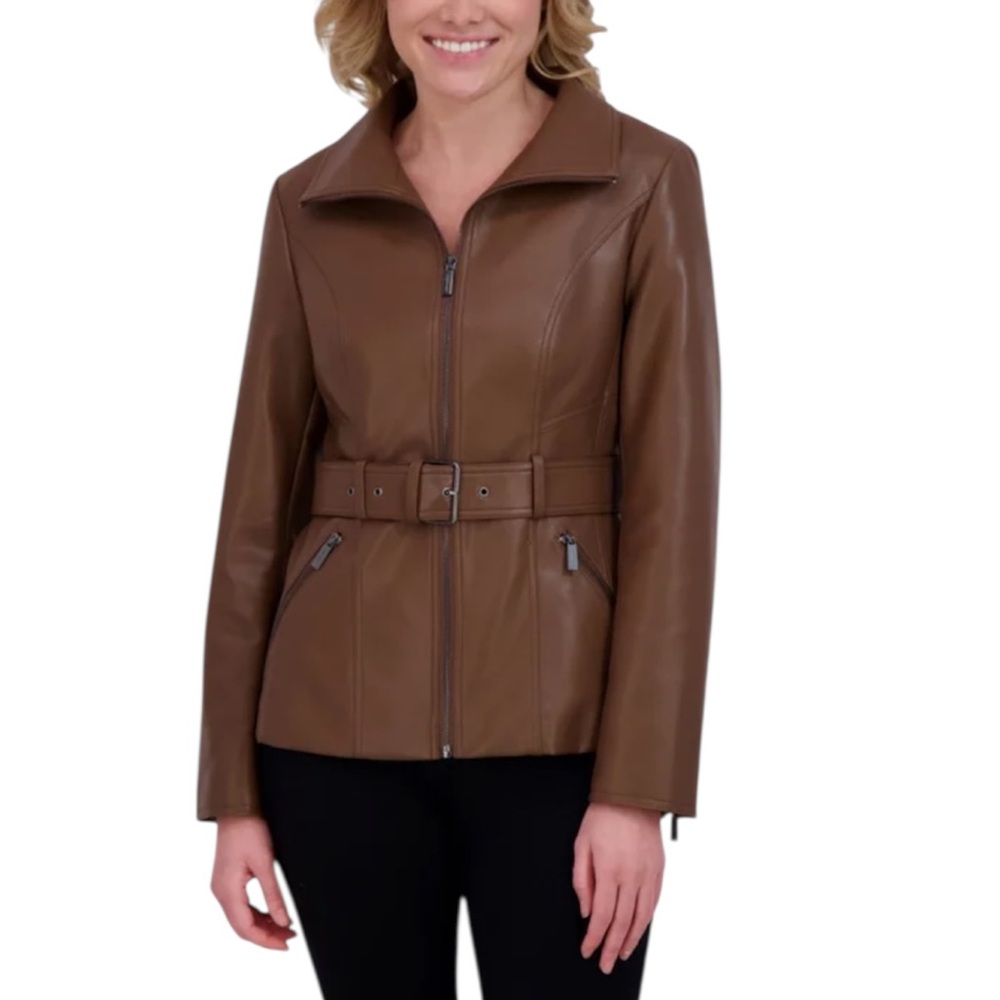Kenneth Cole Women's Belted Faux Leather Jacket in Brown